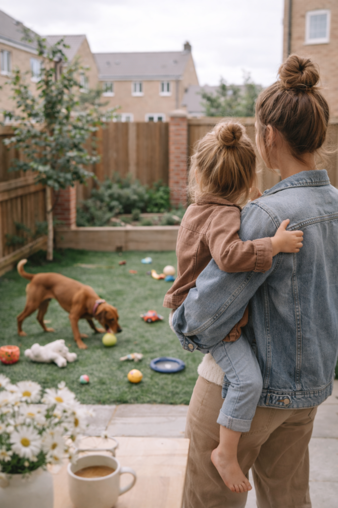 Moeder met dochter kijkt naar spelende vizsla in nieuwbouwtuin – over moederschap en het komt wel goed mentaliteit.