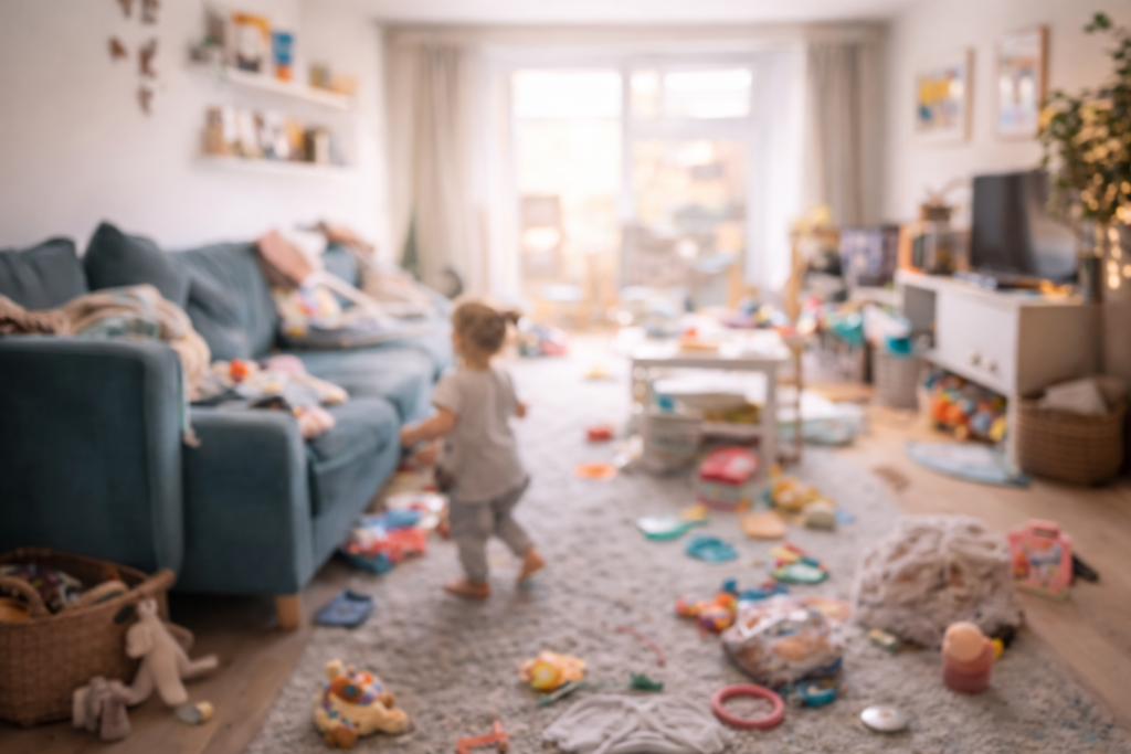 Peuter twee jaar loopt tussen speelgoed geen zin om op te ruimen